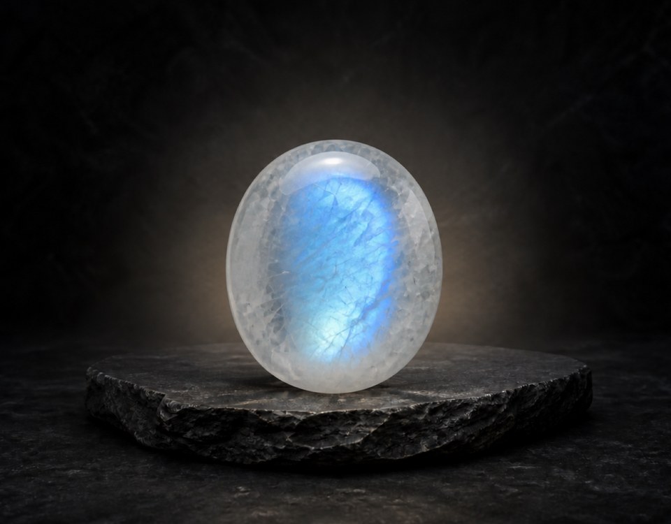 Moonstone is a famous gemstone made of feldspar. It is loved for its soft, glowing light that looks like moonlight. This glowing effect is called adularescence. It happens when light moves through thin layers inside the stone.