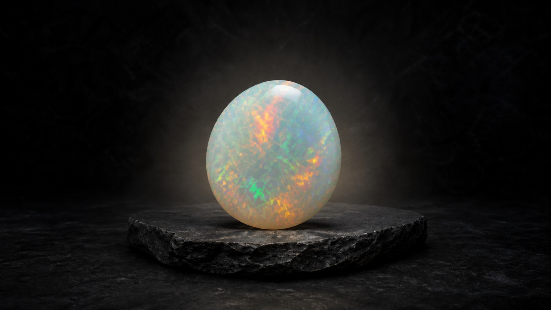 AI-created editorial illustration of multicolored precious Opal for the gemstone profile.