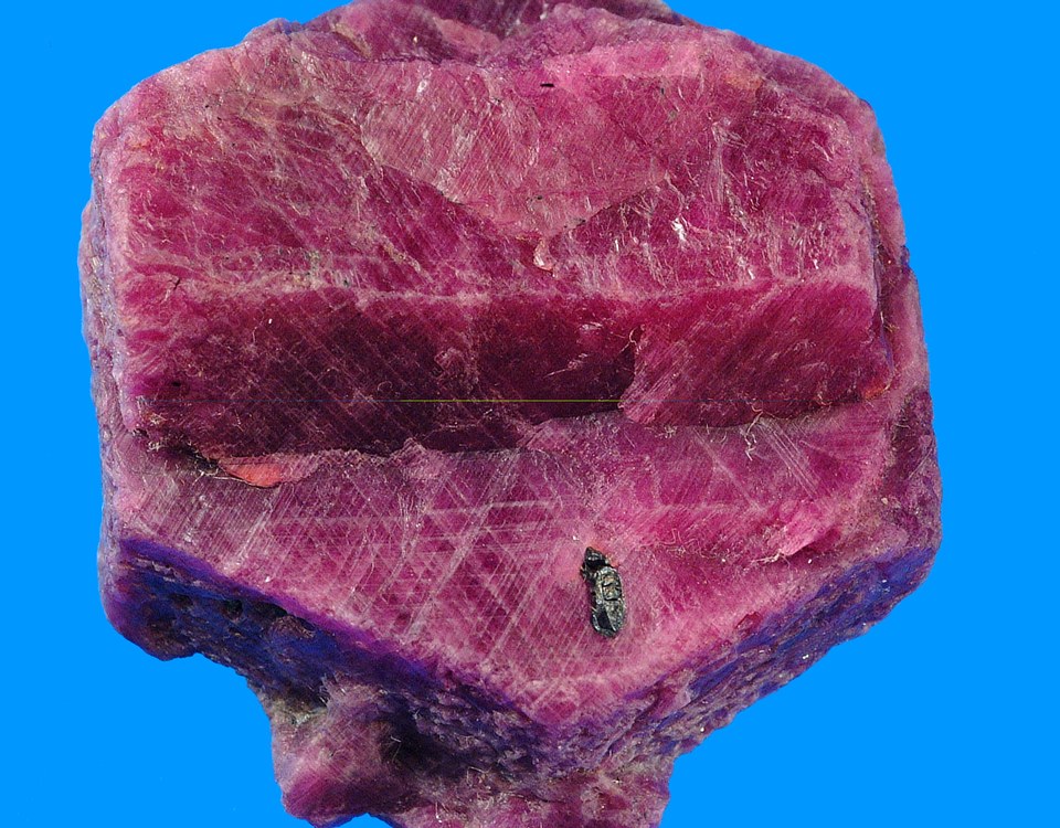 Large opaque pinkish-red, roughly hexagonal ruby crystal with worn striated faces against a bright blue background.