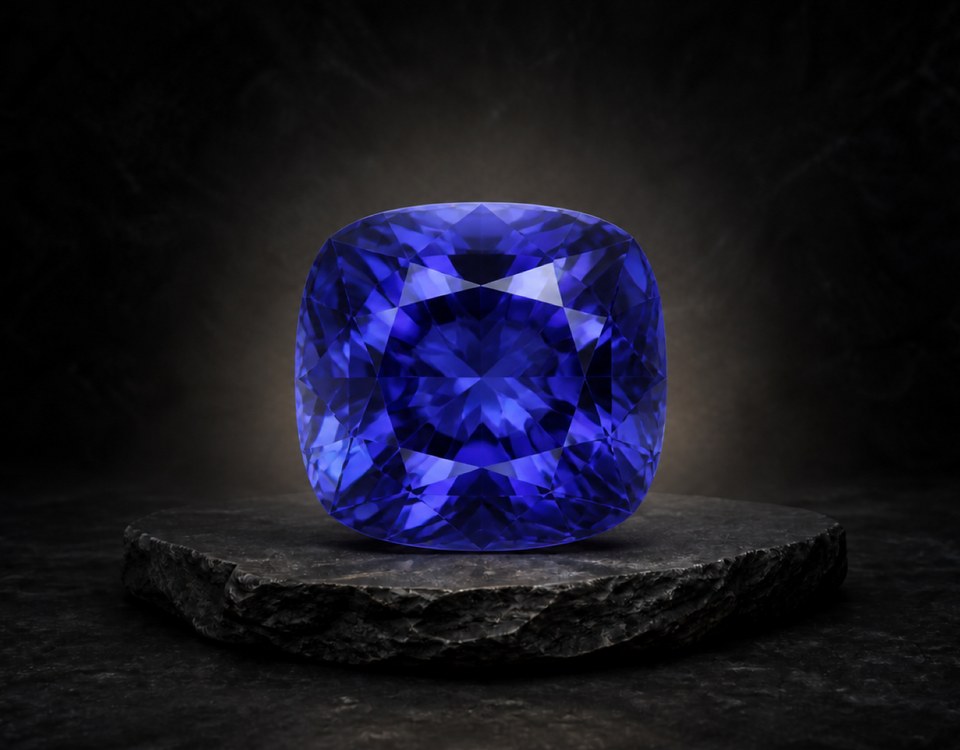 AI-created editorial illustration of blue-violet Tanzanite for the gemstone profile.